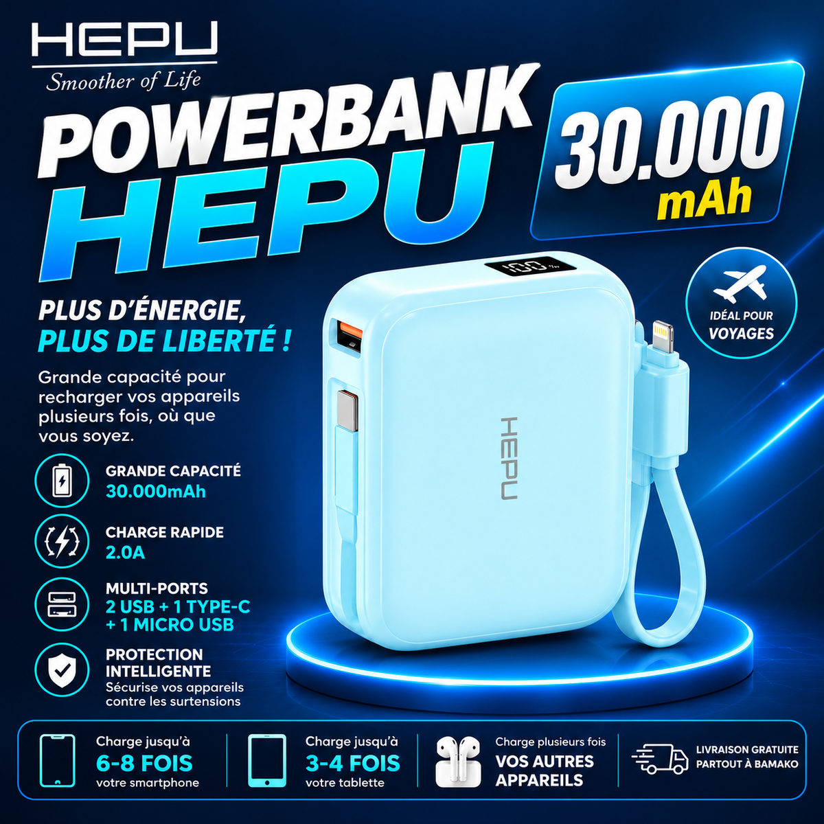Powerbank HEPU 30.000mAh - Format de poche