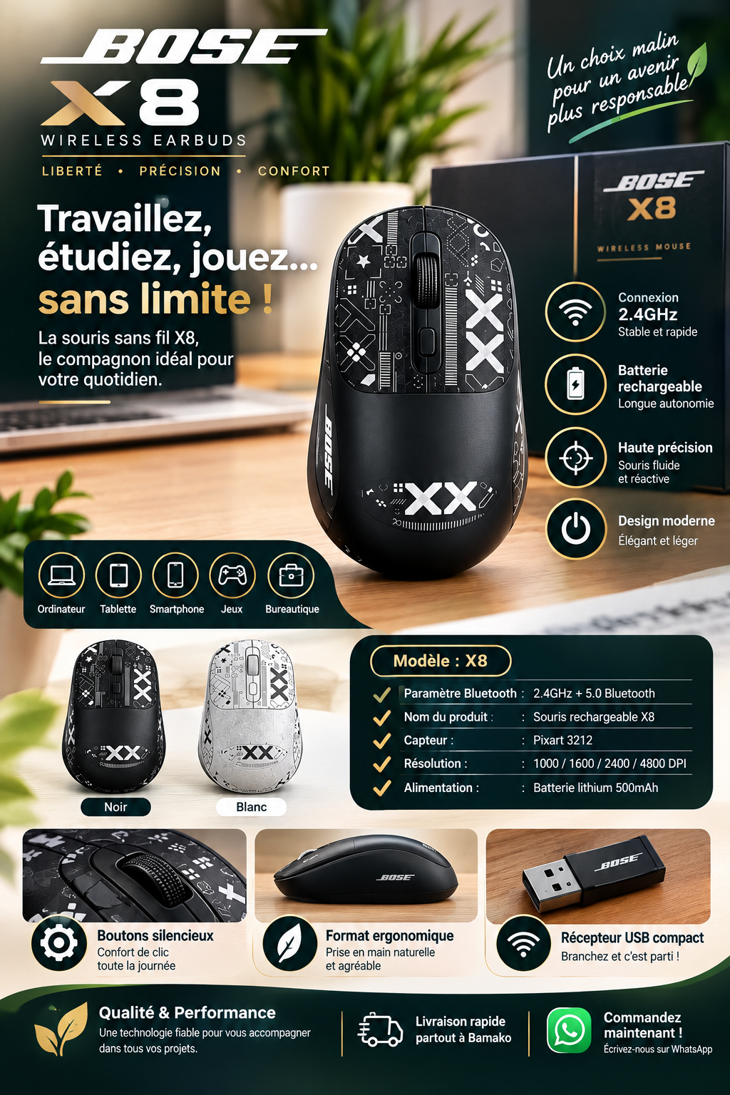 Souris sans fil X8 – Rechargeable