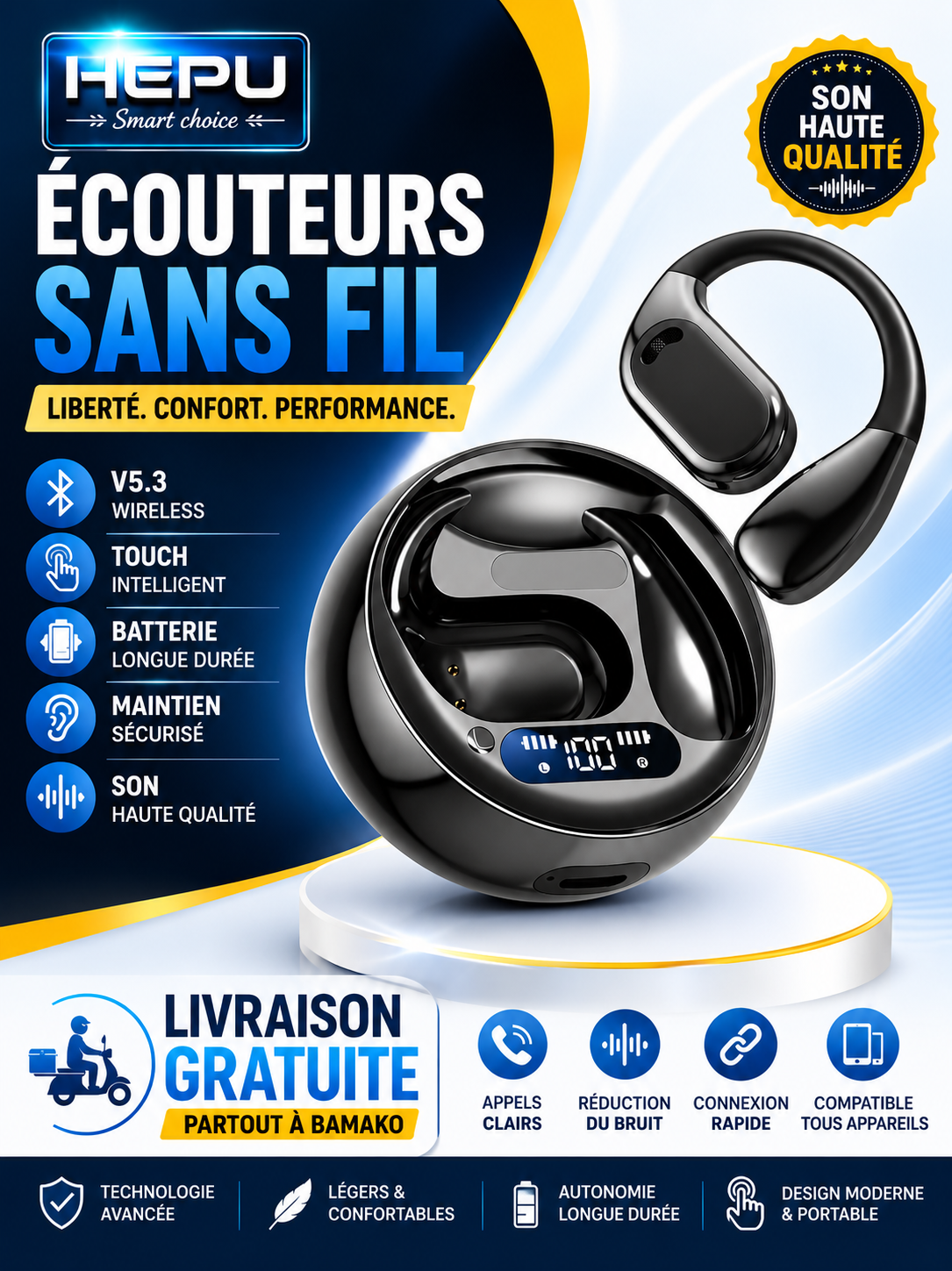 Ecouteurs sans fil HEPU – Son haute qualité