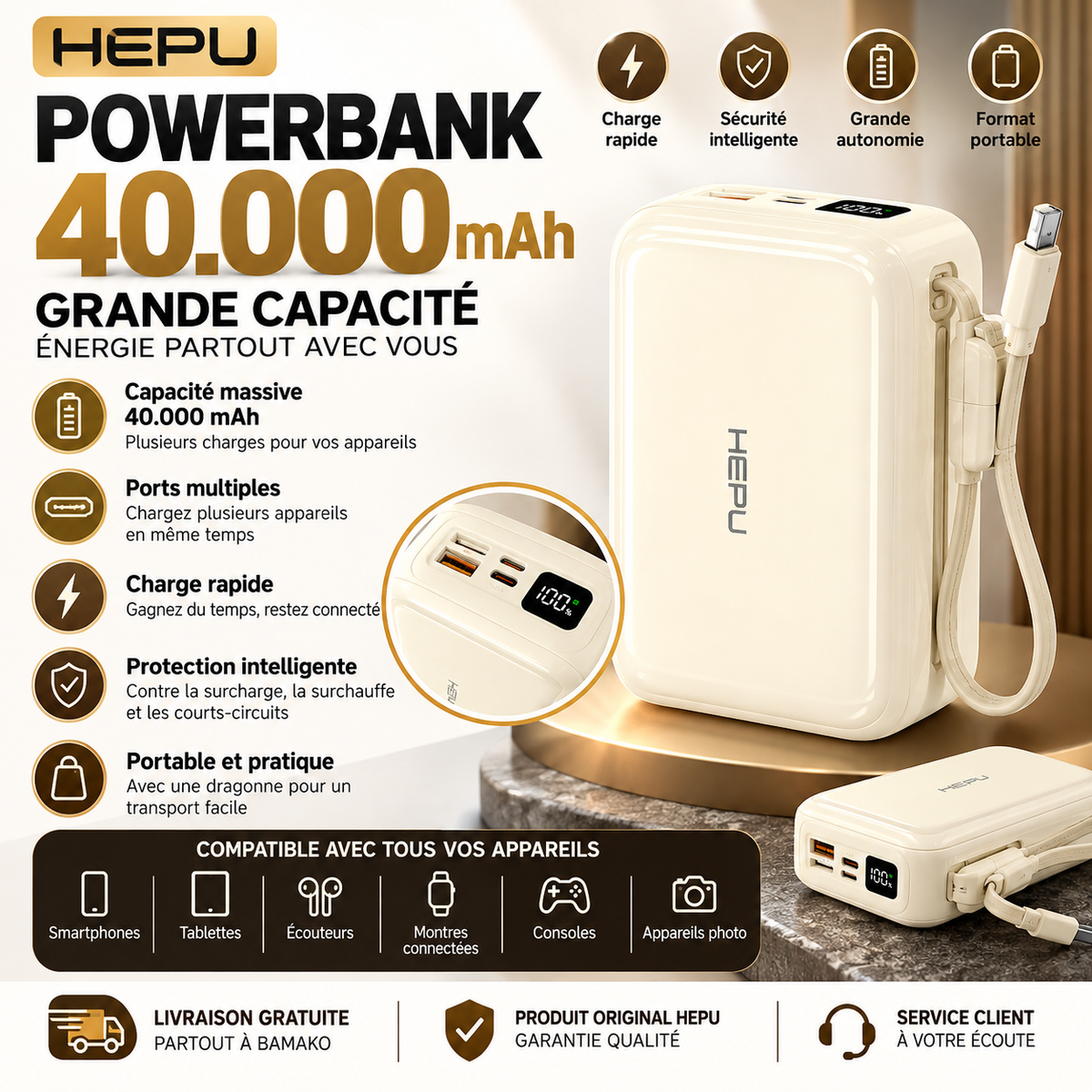 Powerbank HEPU 40 000 mAh - Format de poche
