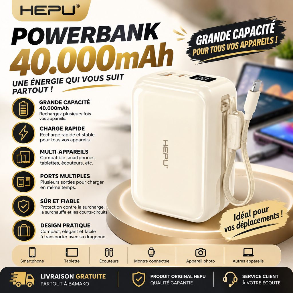 Powerbank HEPU 40 000 mAh - Format de poche