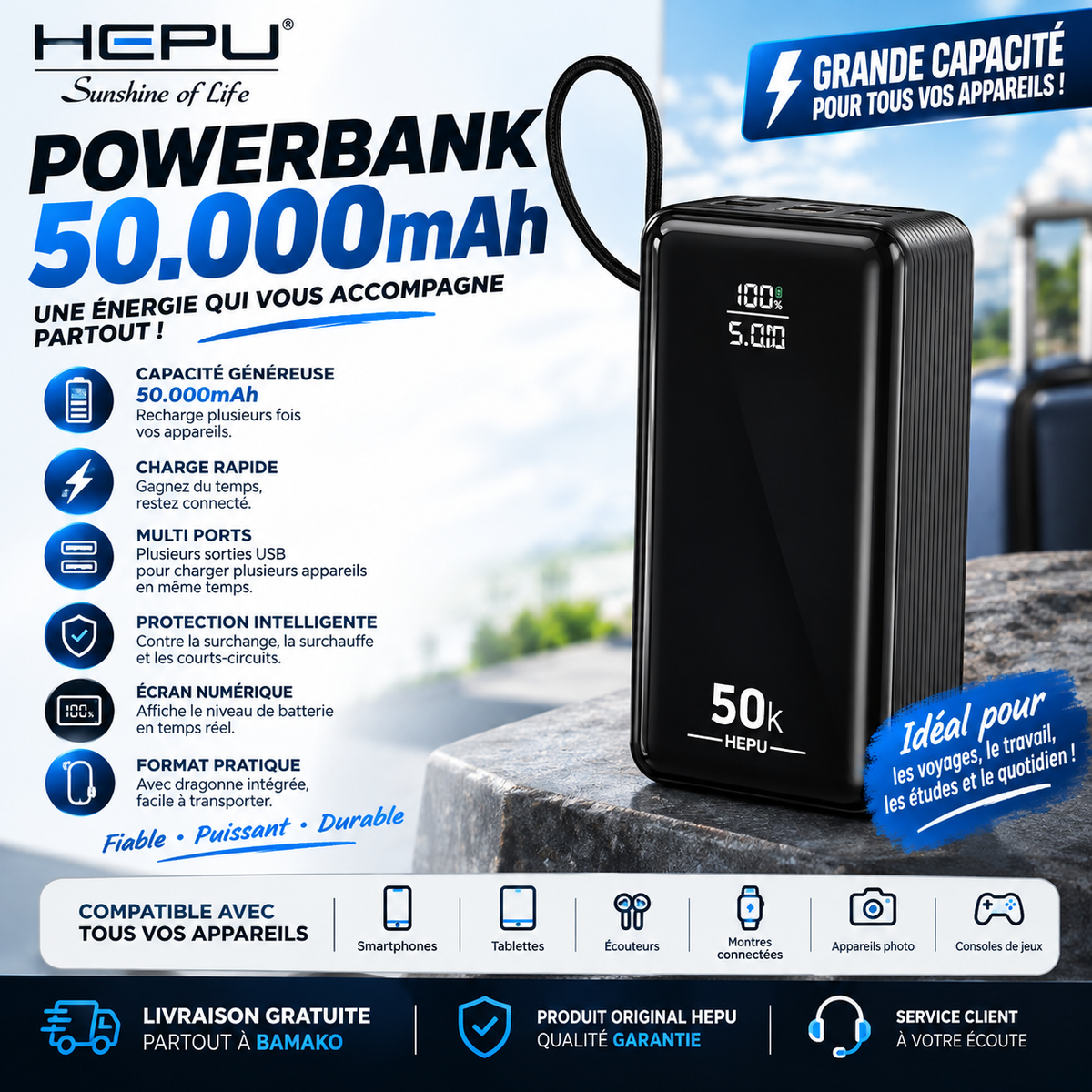 Power Bank HEPU 50 000 mAh – Grande capacité & puissance