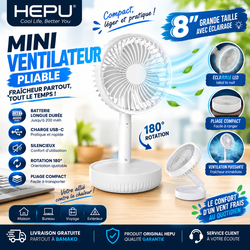 Mini Ventilateur Pliable HEPU – Fraîcheur partout