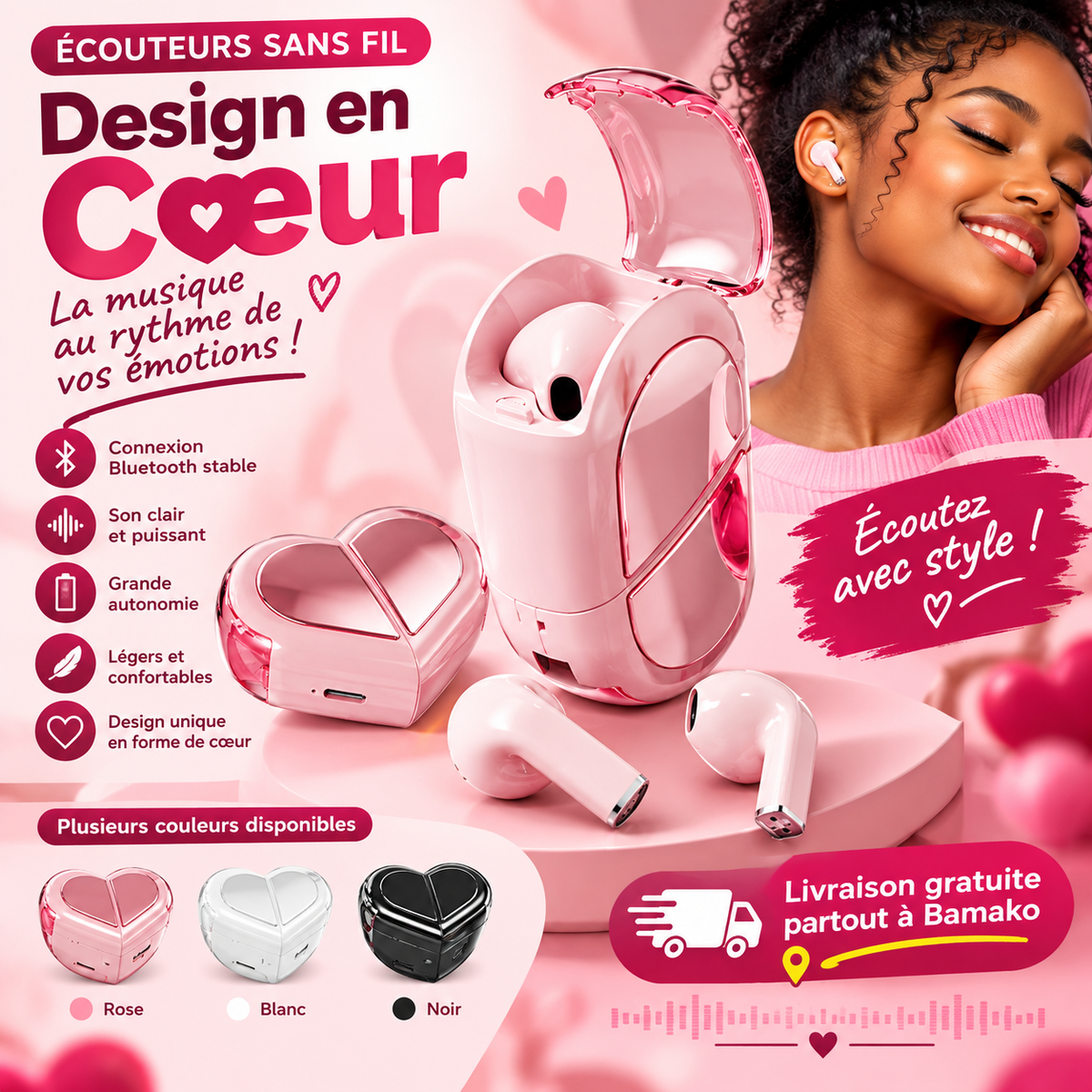 Écouteurs sans fil en forme de cœur