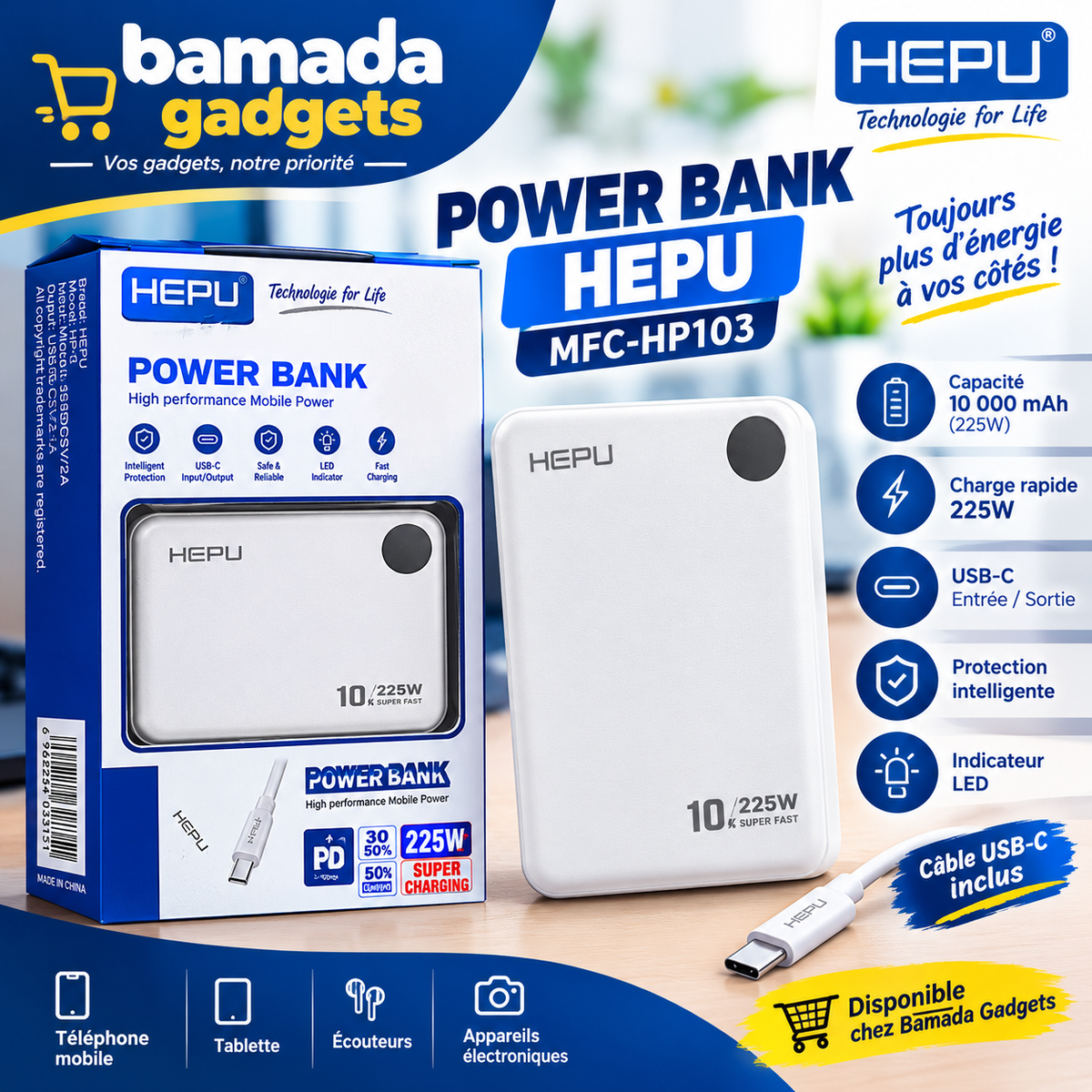 Power Bank HEPU 10 000 mAh — 22.5W