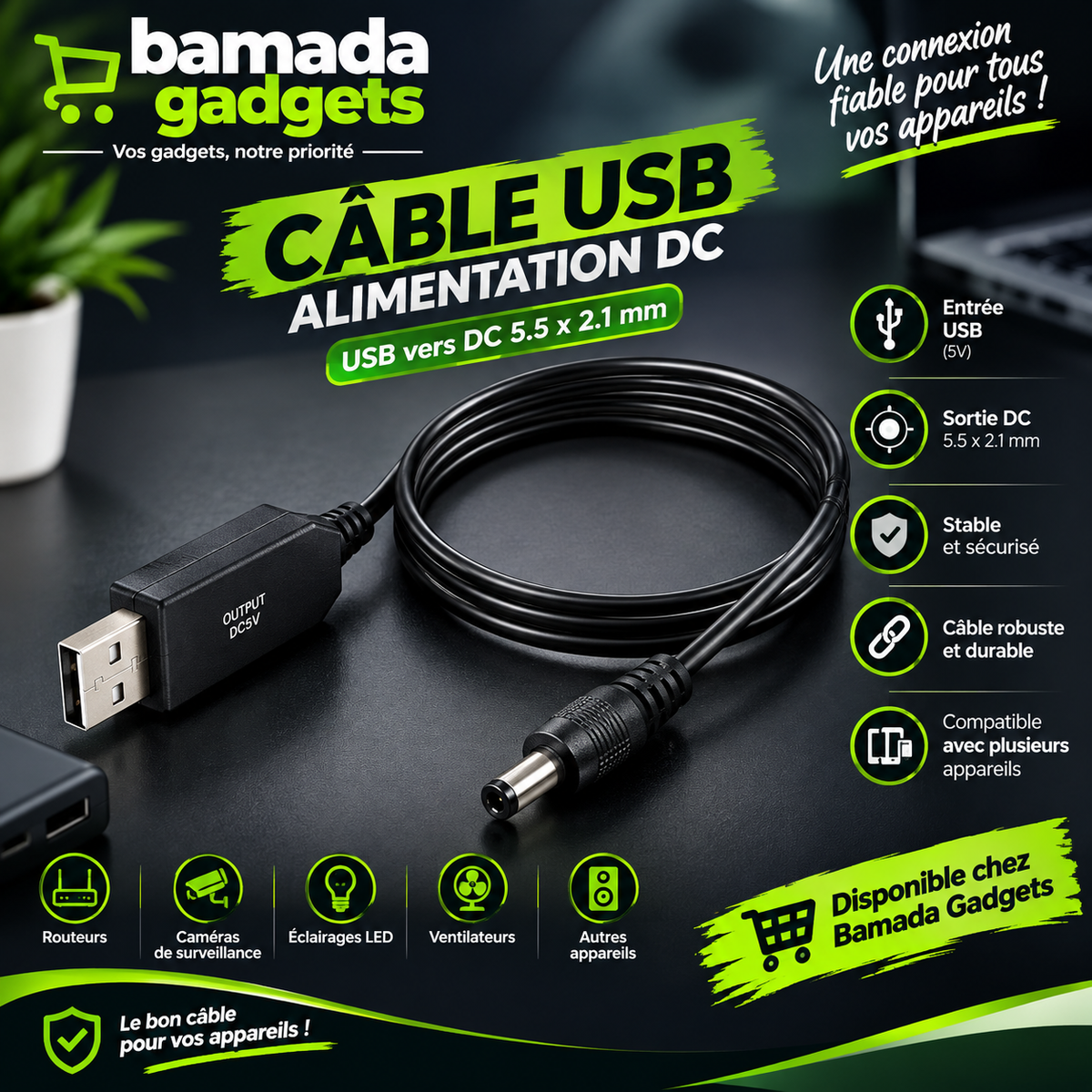 Câble USB vers DC 5,5 × 2,1 mm