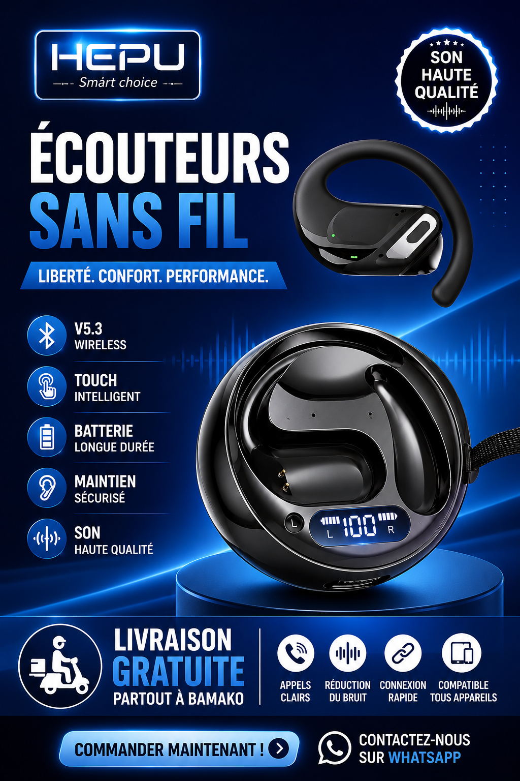 Ecouteurs sans fil HEPU – Son haute qualité