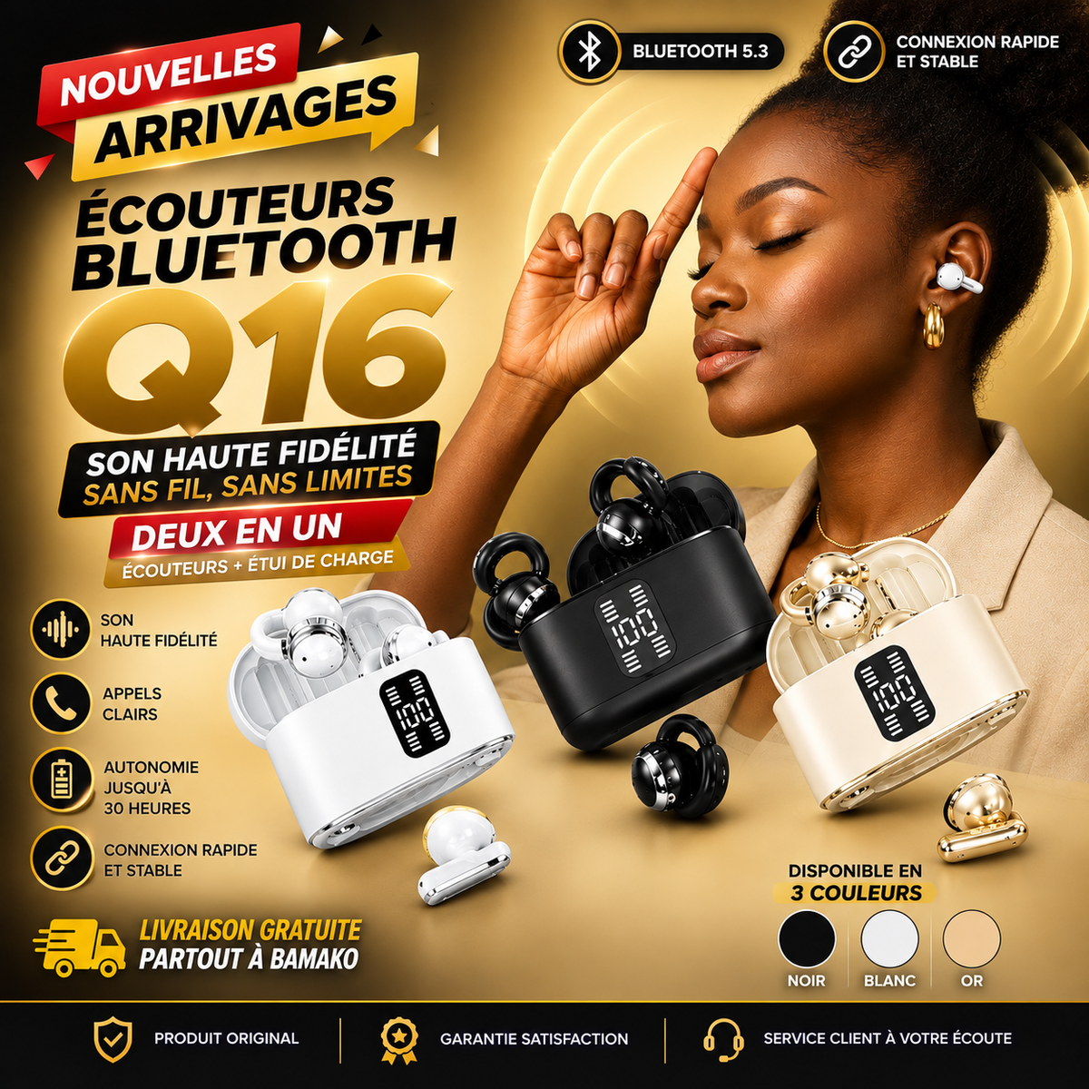 Écouteurs Q16 Bluetooth 5.3 — Son haute fidélité