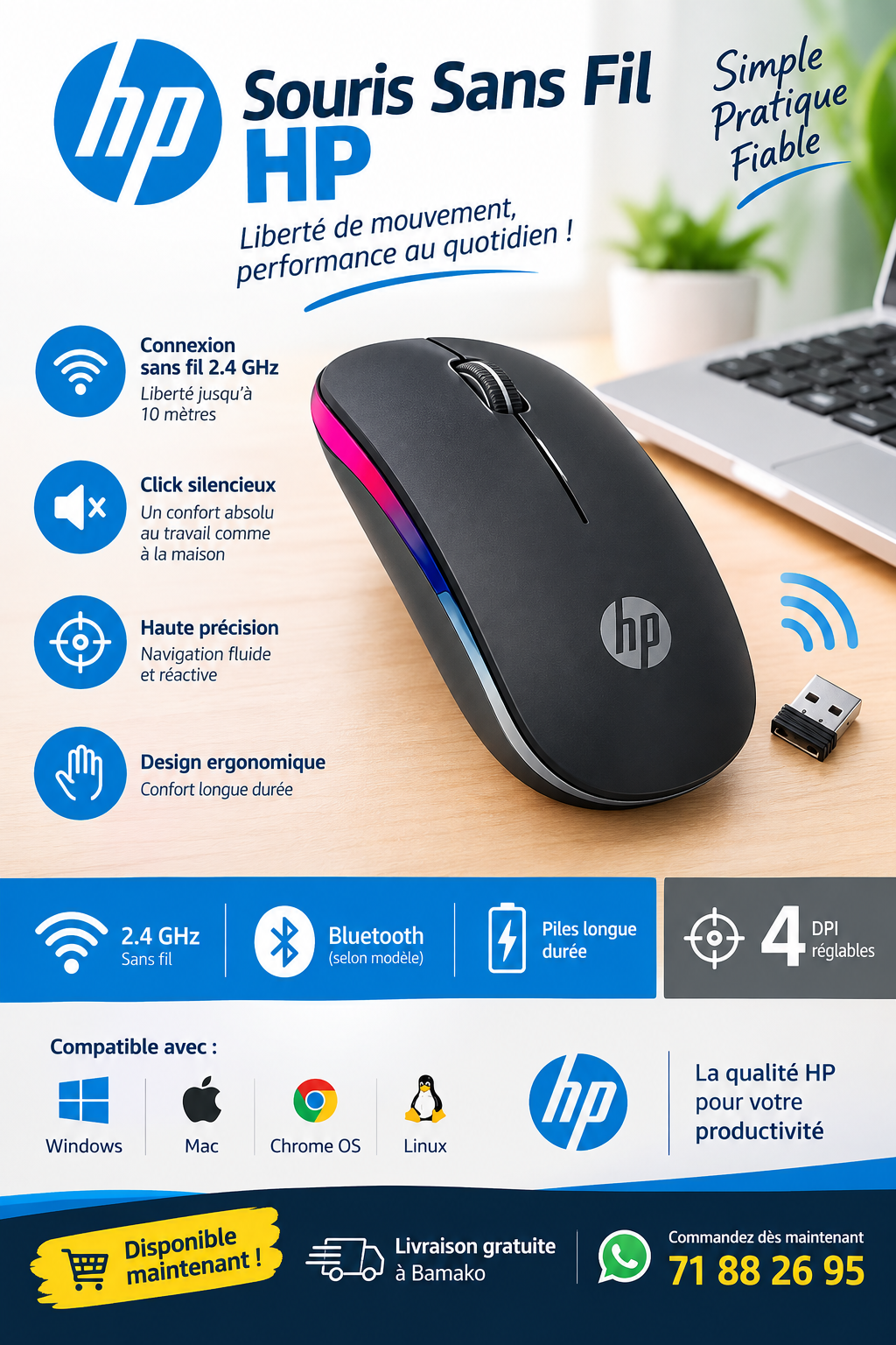 Souris sans fil HP – Pratique, silencieuse et précise