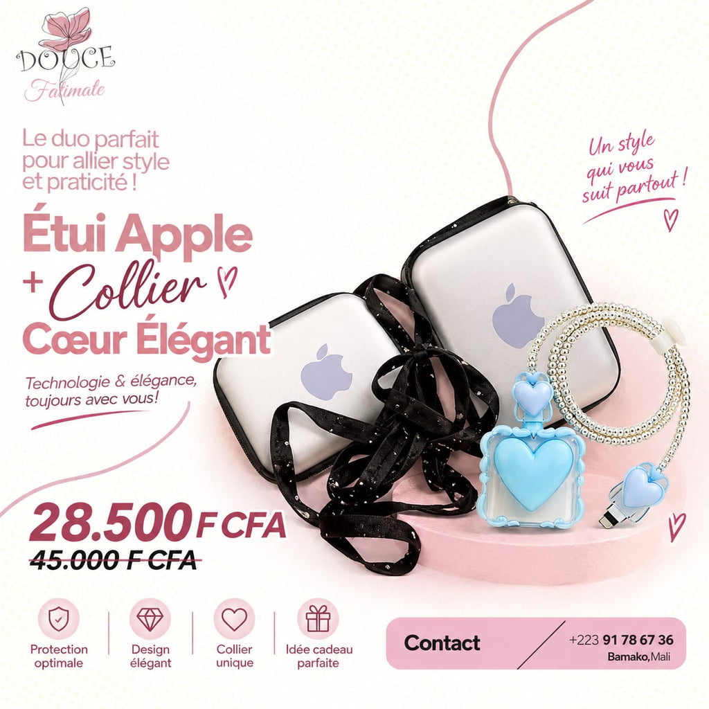Étui Apple rigide avec collier cœur élégant bleu pastel
