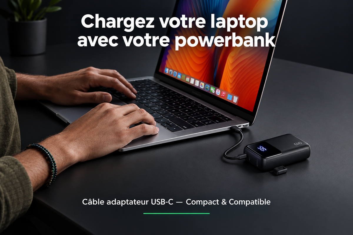 Visuel publicitaire — Laptop + Powerbank